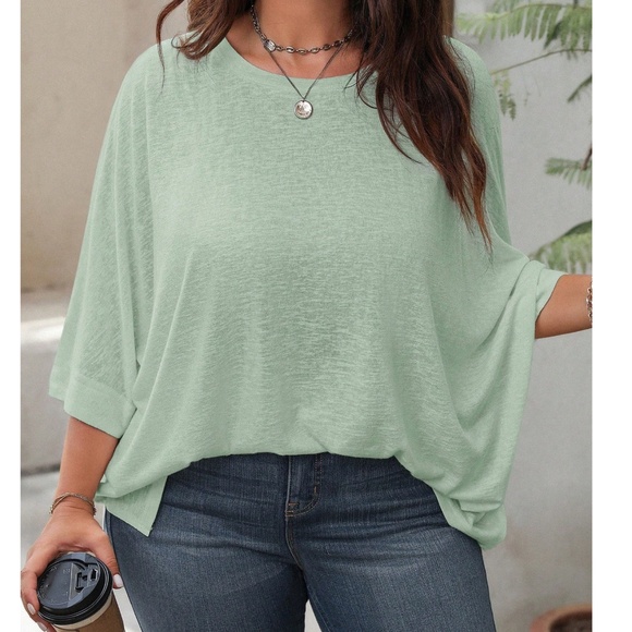 Plus Solid Crew Neck Batwing Sleeve Loose Fit Top - Picture 1 of 6